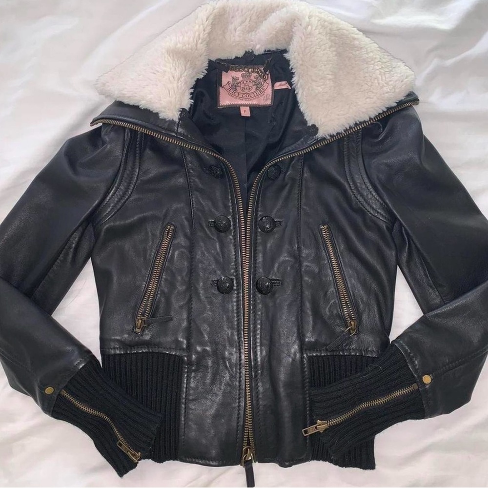 Juicy Couture Leather Bomber Jacket with Sherpa Collar